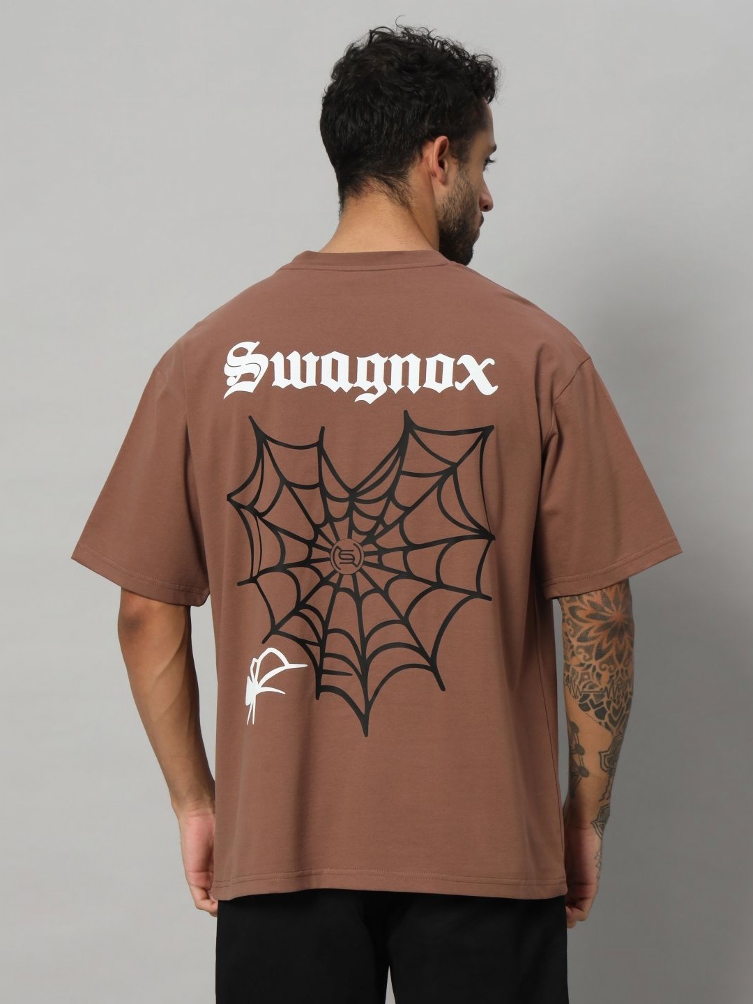 

SWAGNOX Men Graphic Printed Round Neck Cotton Oversized T-shirt, Brown