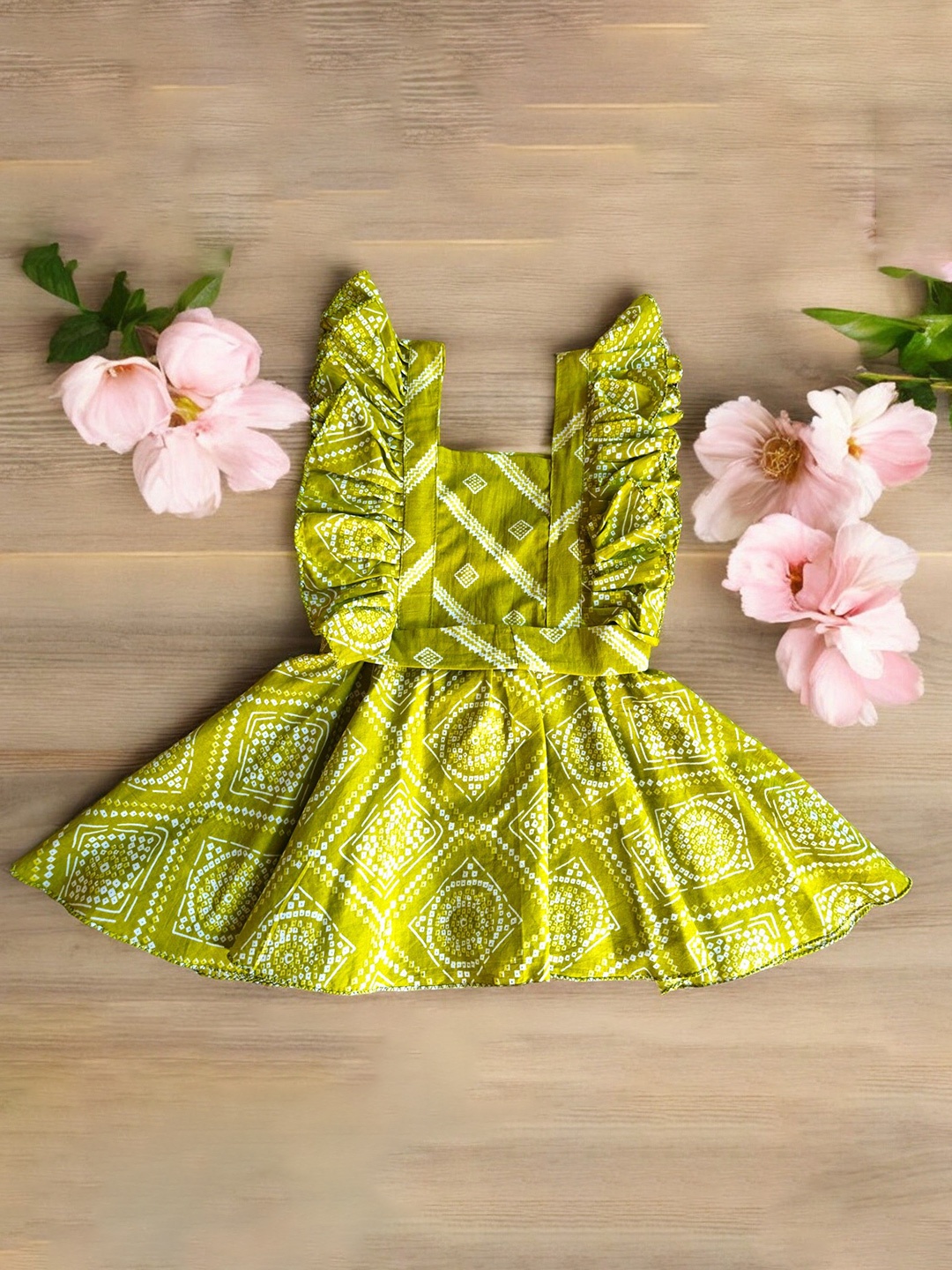 

LYTIX Floral Print Flared Sleeve Ruffled Fit & Flare Dress, Green