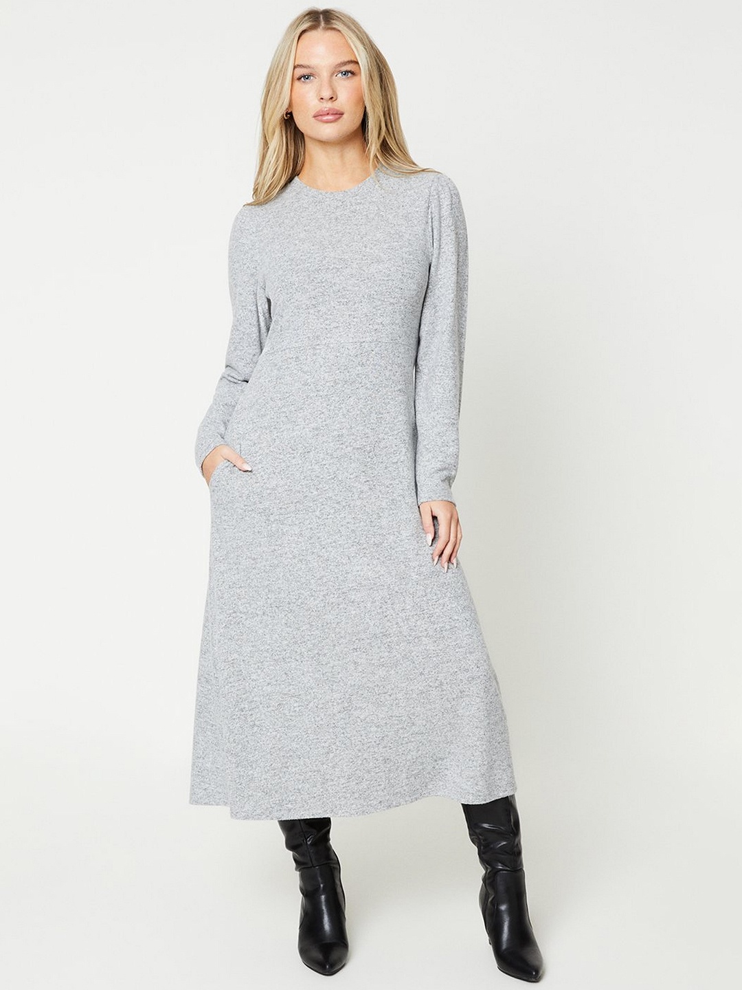 

DOROTHY PERKINS Petite Knitted A-Line Midi Dress, Grey melange