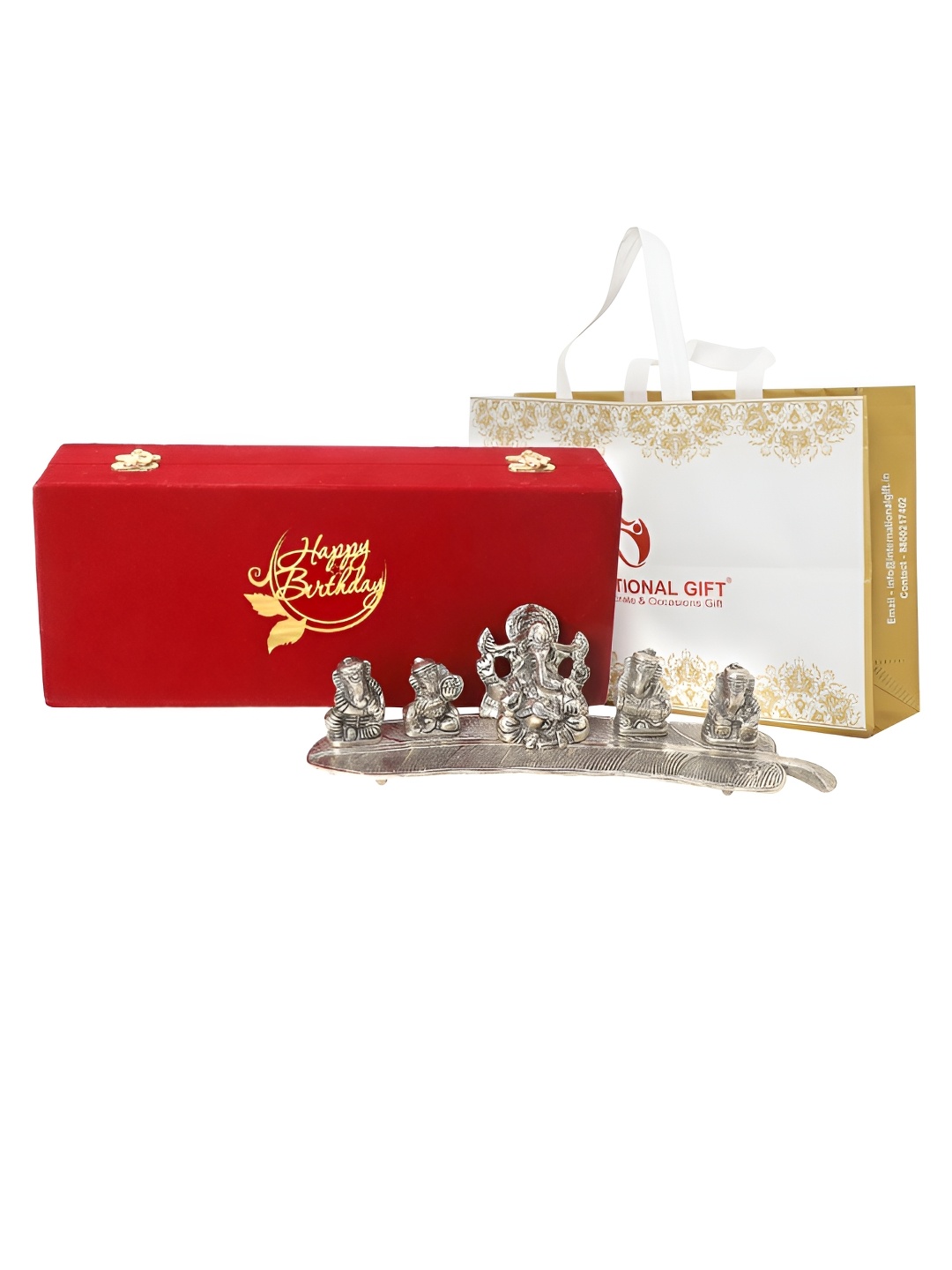 

INTERNATIONAL GIFT Silver Toned Musical Ganesh Metal Idol Showpiece With Velvet Box