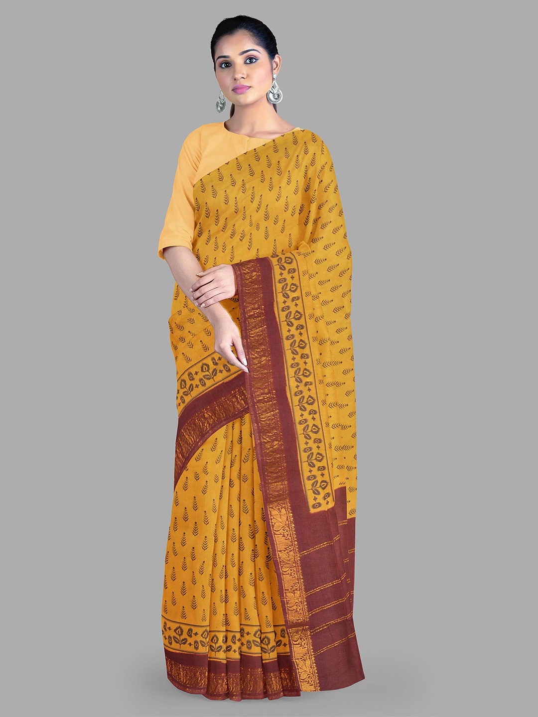 

The Chennai Silks Floral Printed Pure Cotton Sungudi Saree, Mustard