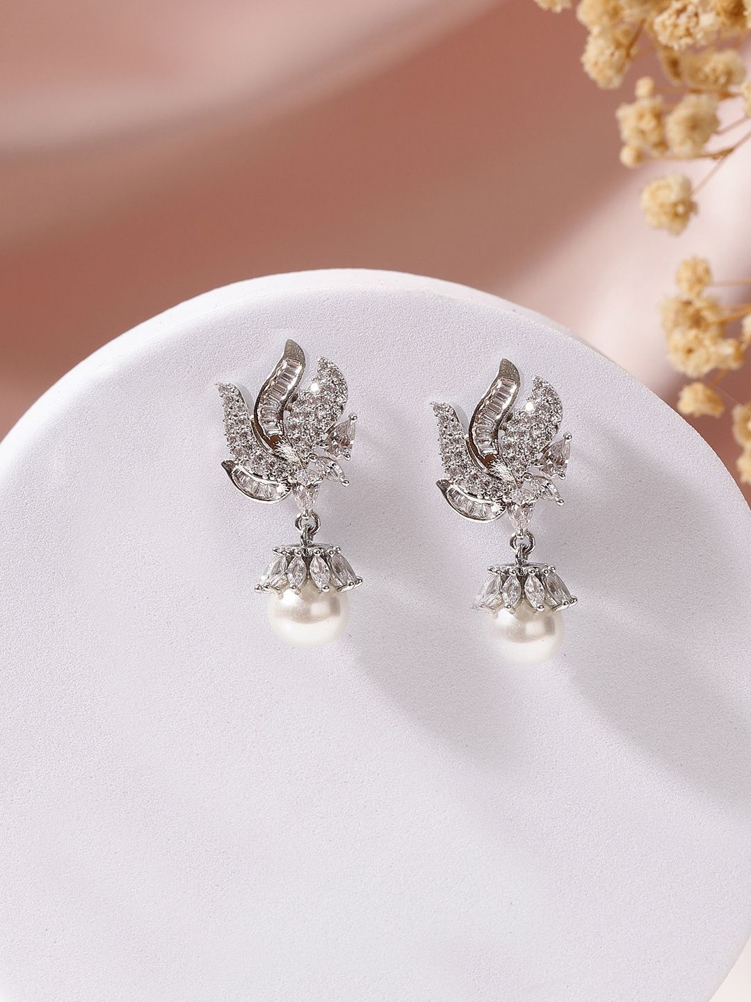 

Priyaasi Silver-Plated Contemporary Elegance Floral Drop Earrings