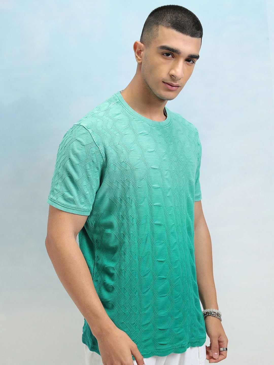 

HIGHLANDER Men Self Design Round Neck Cotton T-shirt, Blue