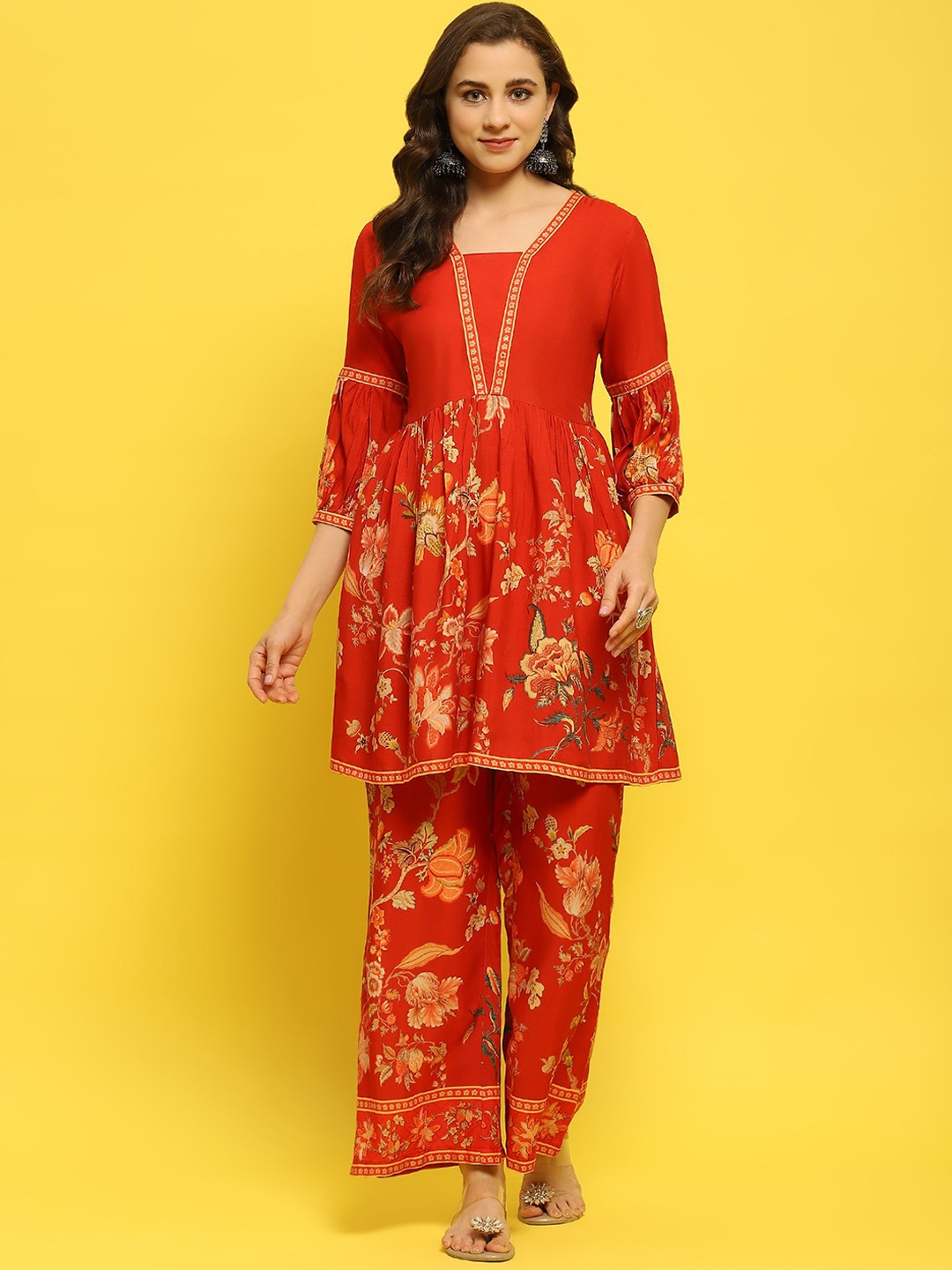 

Shree Floral Printed Tunic With Trousers, Red