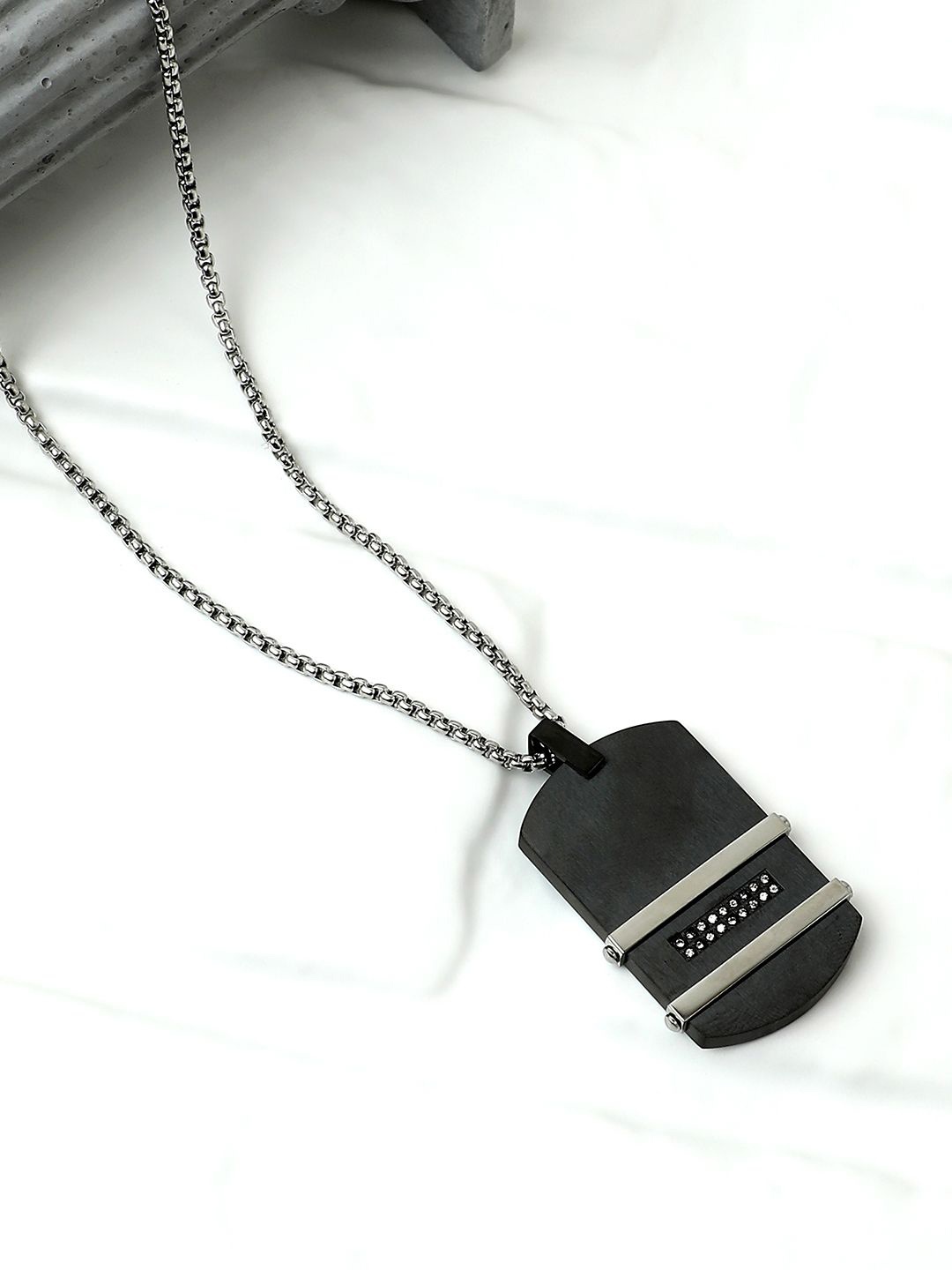 

French Accent Men Silver-Plated Contemporary Pendant with Chain, Black