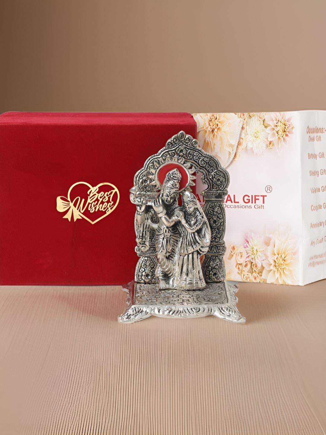 

INTERNATIONAL GIFT Silver Toned Radha Krishna Chowki With Best Wishes Tag & Velvet Box
