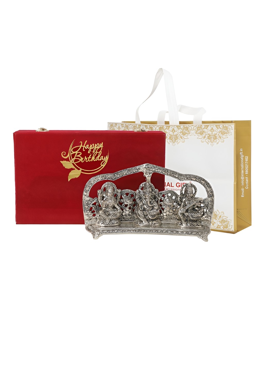

INTERNATIONAL GIFT Silver Toned Laxmi Ganesh Saraswati Idol Metal Showpiece & Velvet Box