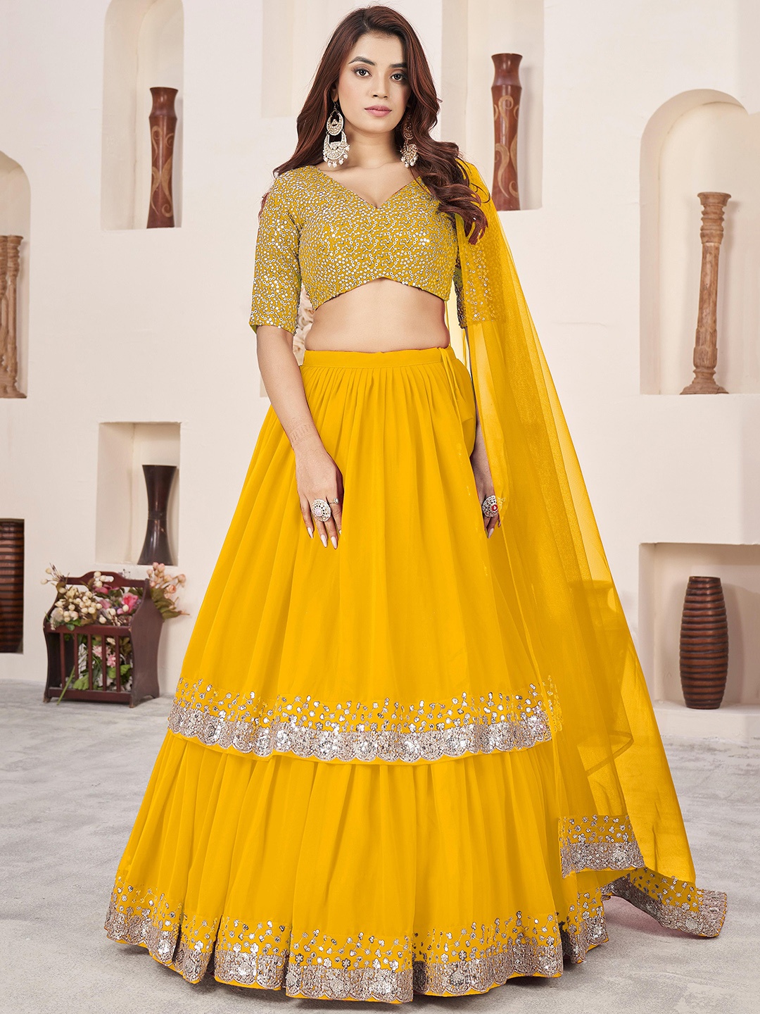 

FABPIXEL Floral Sequinned Georgette Semi-Stitched Lehenga & Unstitched Blouse & Dupatta, Yellow