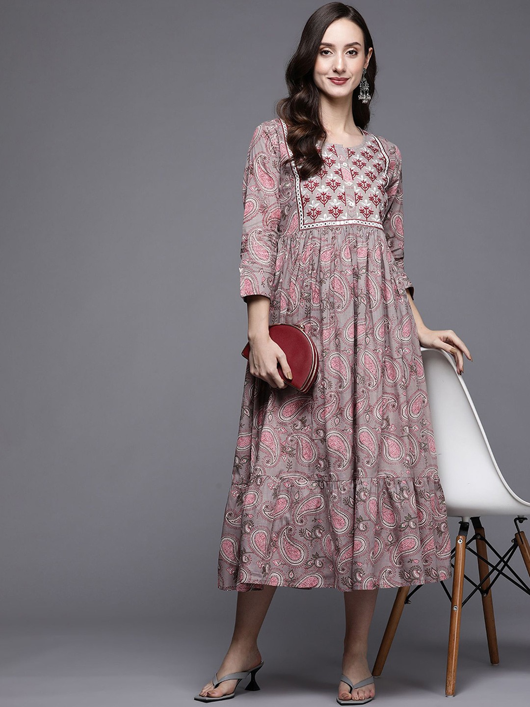 

Indo Era Ethnic Motif Embroidered Empire Midi Dress, Grey
