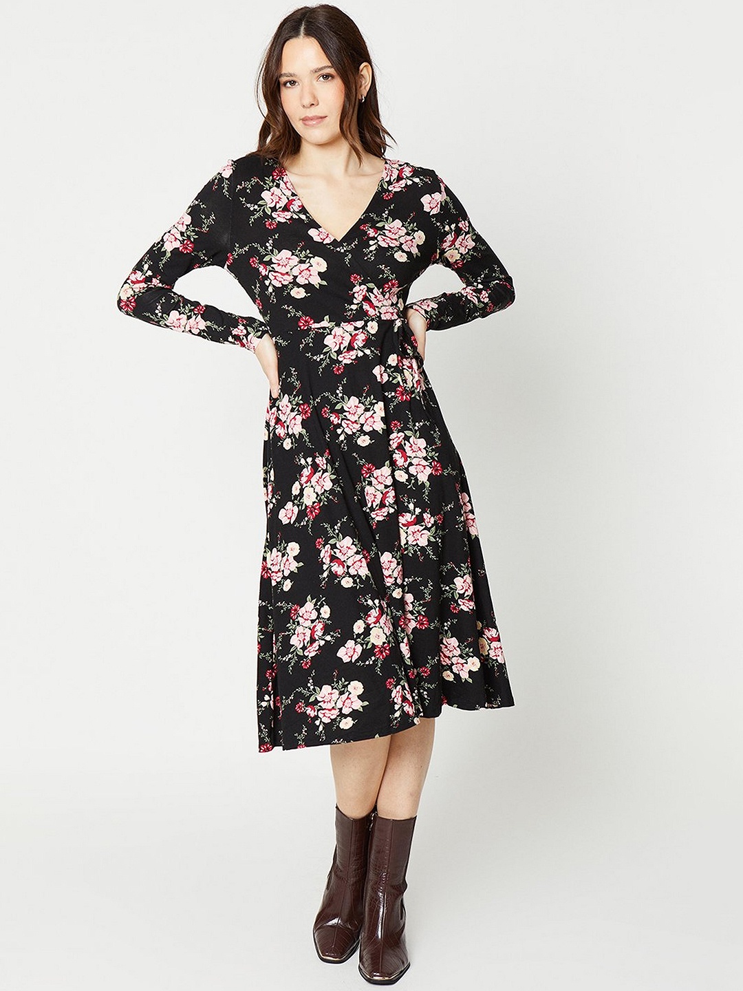 

DOROTHY PERKINS Floral Wrap Midi Dress, Black