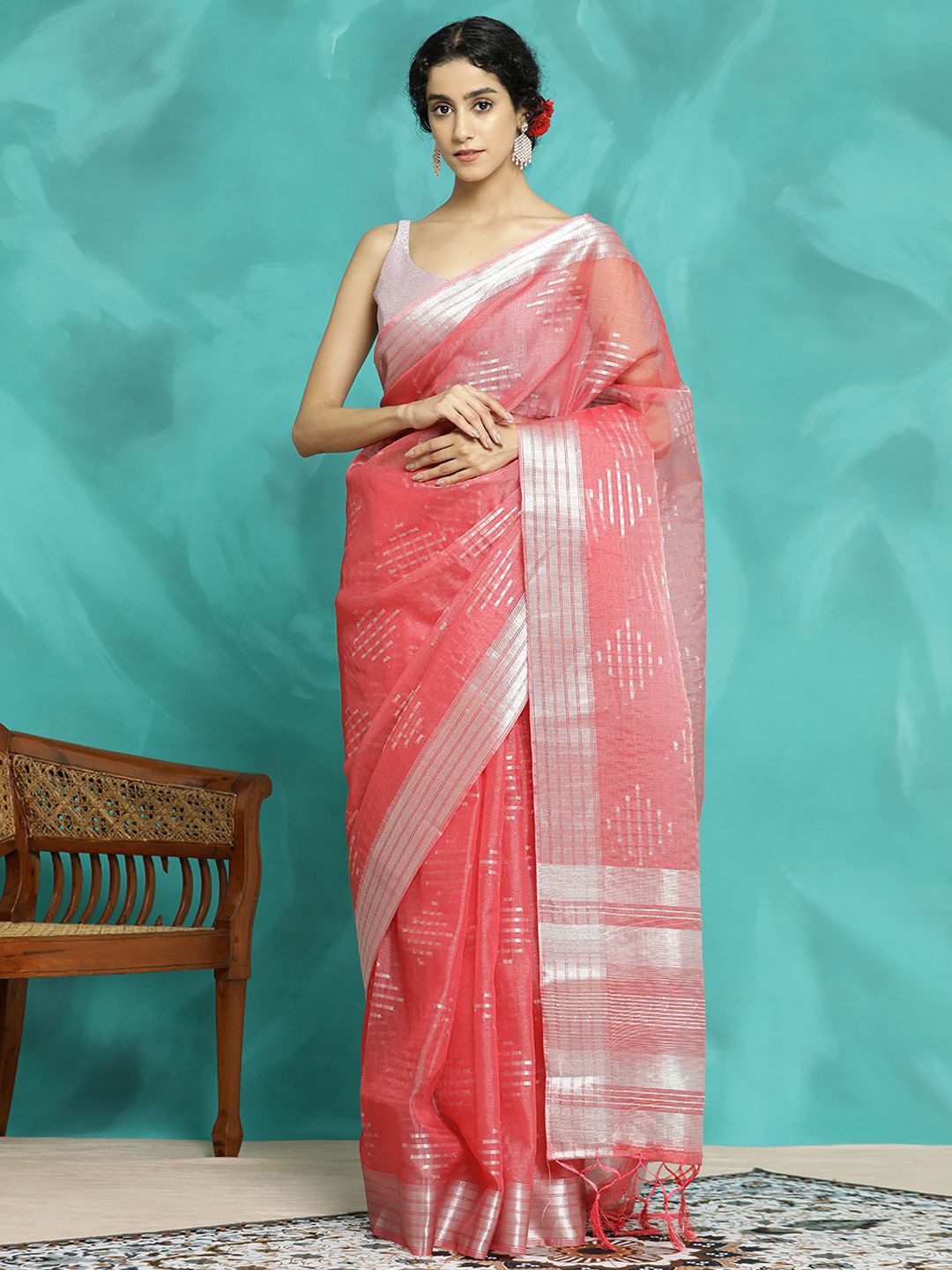 

Jaipur Kurti Party Wear Banarasi Organza Saree, Pink