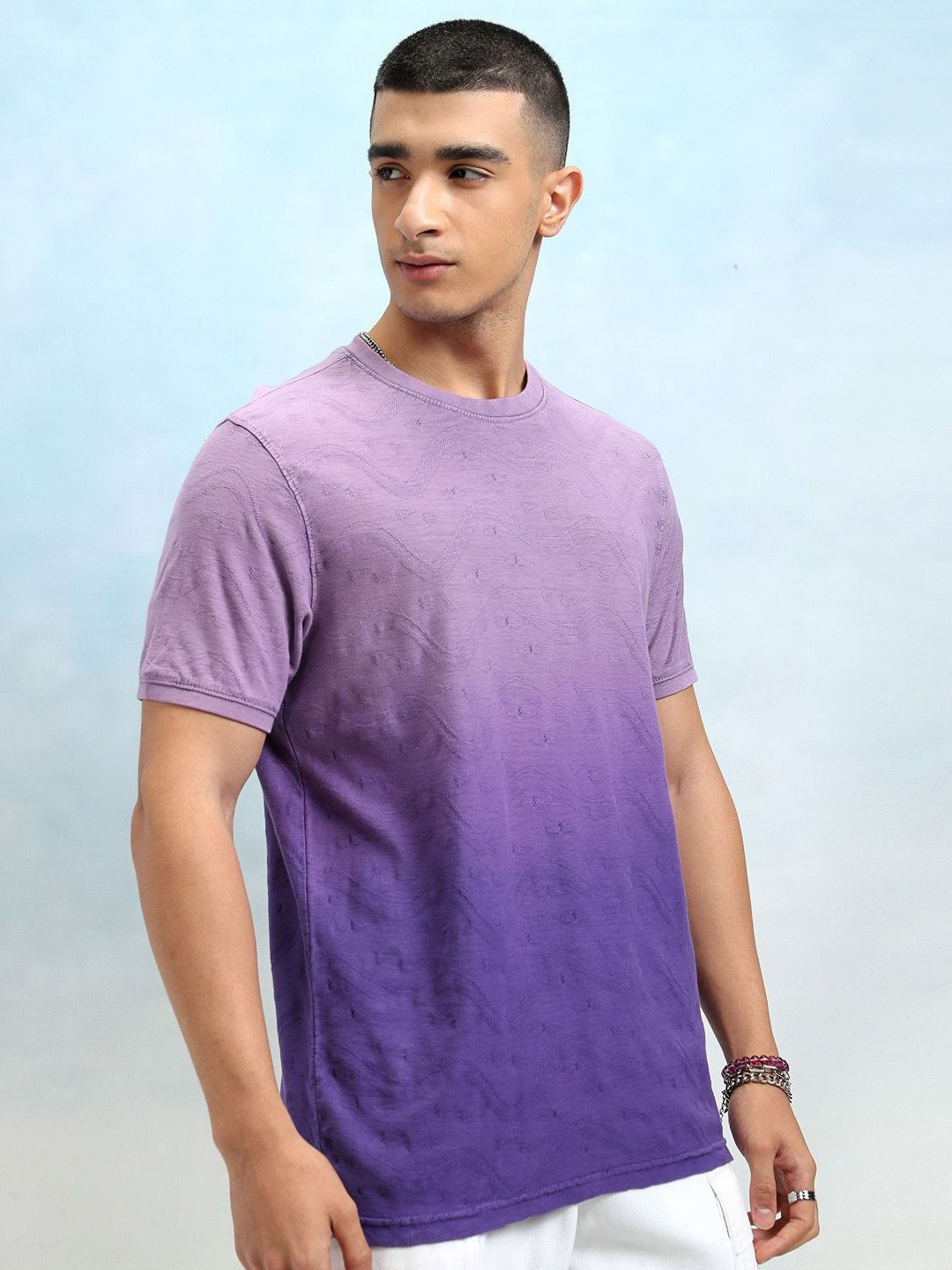 

HIGHLANDER Men Self Design Round Neck Cotton T-shirt, Purple