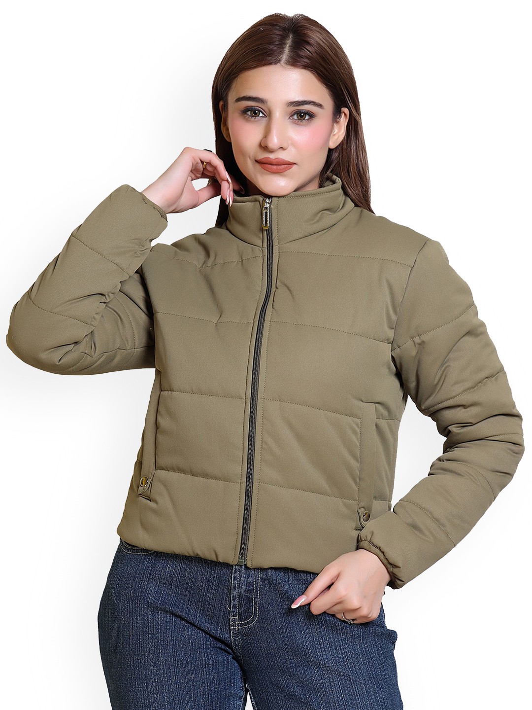 

Brazo Women Lightweight Crop Padded Jacket with Patchwork, Olive