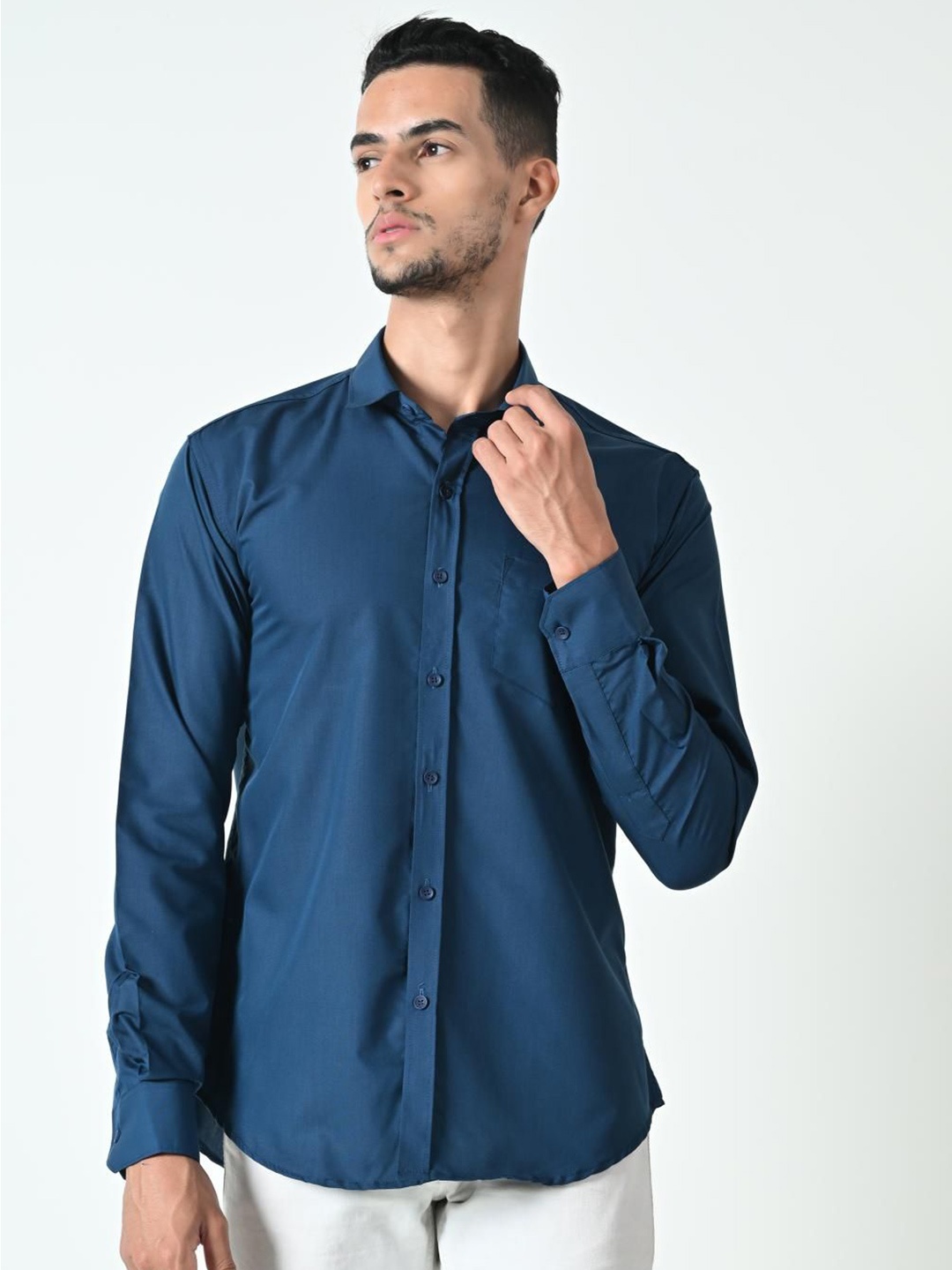 

PEBCO Men Classic Spread Collar Solid Cotton Slim Fit Casual Shirt, Navy blue
