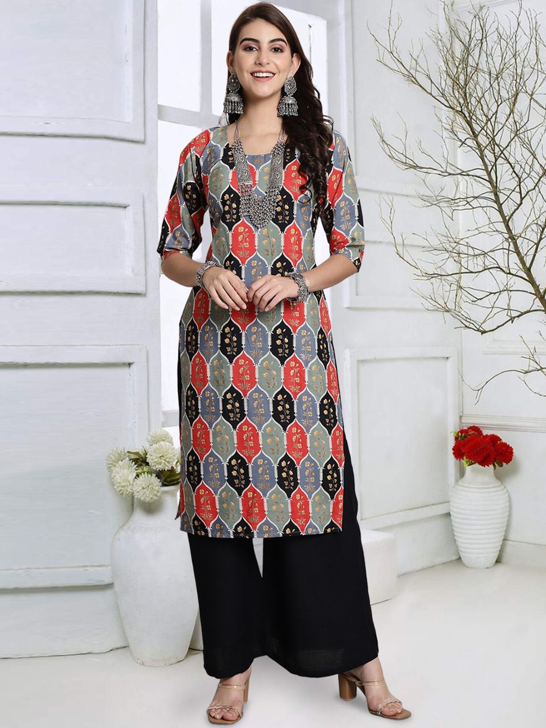 

7Threads Ethnic Motifs Printed Round Neck Straight Kurta, Red