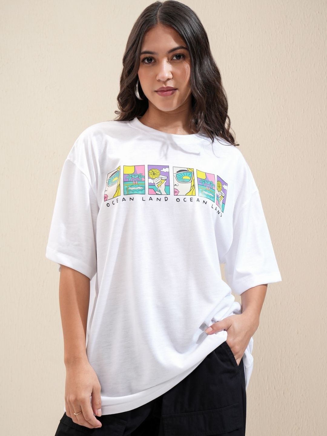 

Tokyo Talkies Women Graphic Printed Round Neck Oversized T-shirt, White