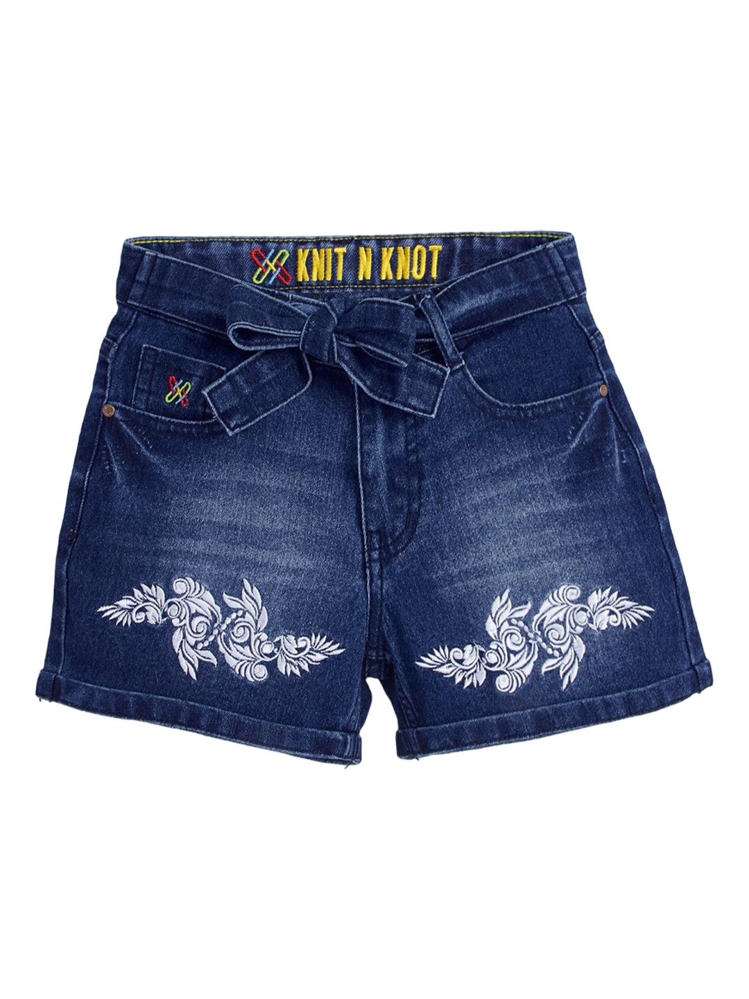 

Knit N Knot Girls Floral Embellished High-Rise Denim Denim Shorts, Navy blue