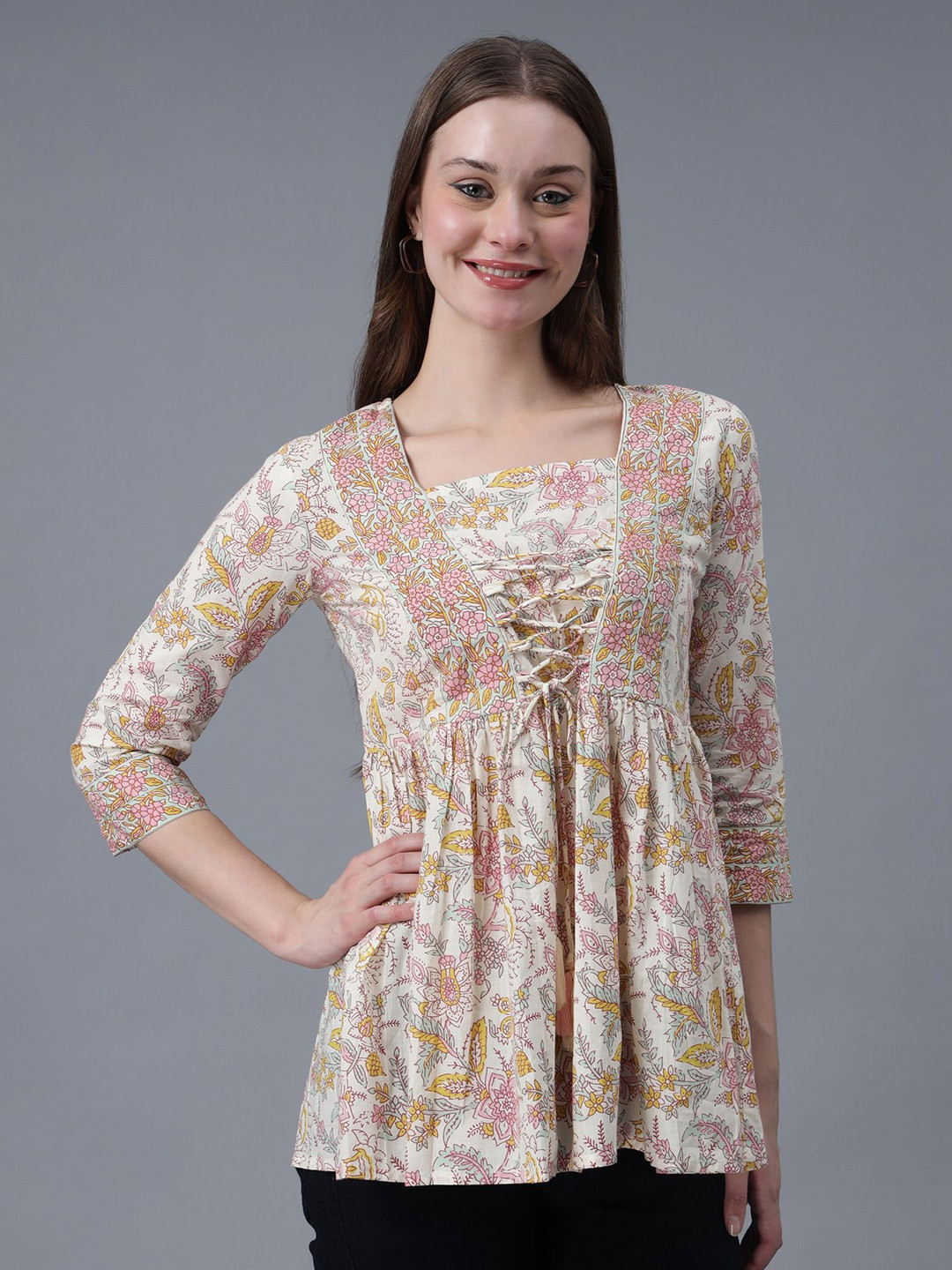 

ELYRAA Women Floral Printed Square Neck Cotton Top, White
