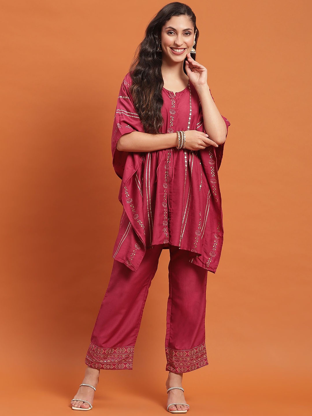 

Shree Ethnic Motifs Printed Kaftan Top With Trousers, Pink