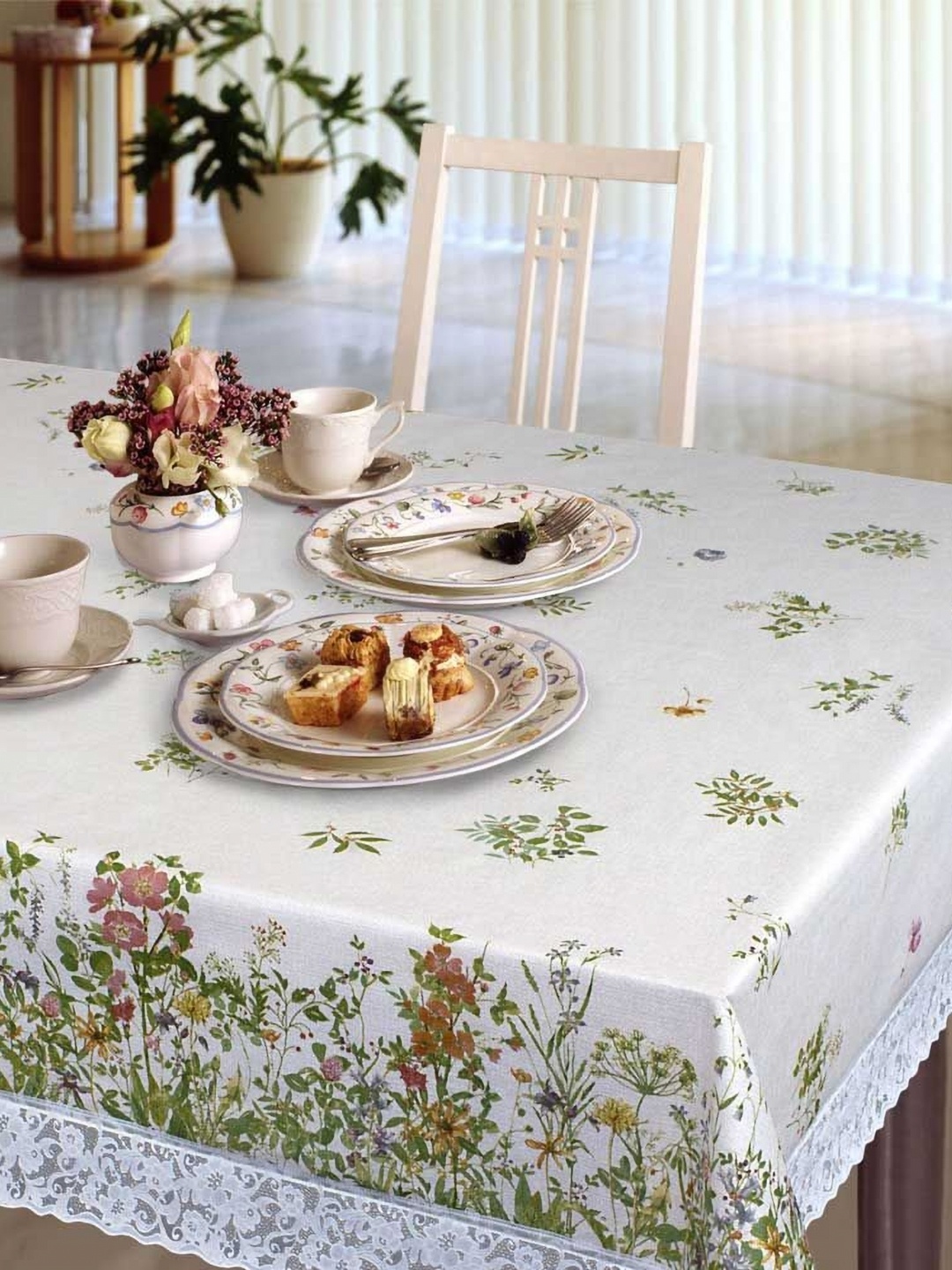 

Freelance Tuscany Green & White Floral Printed Anti Skid 6 Seater Table Cover