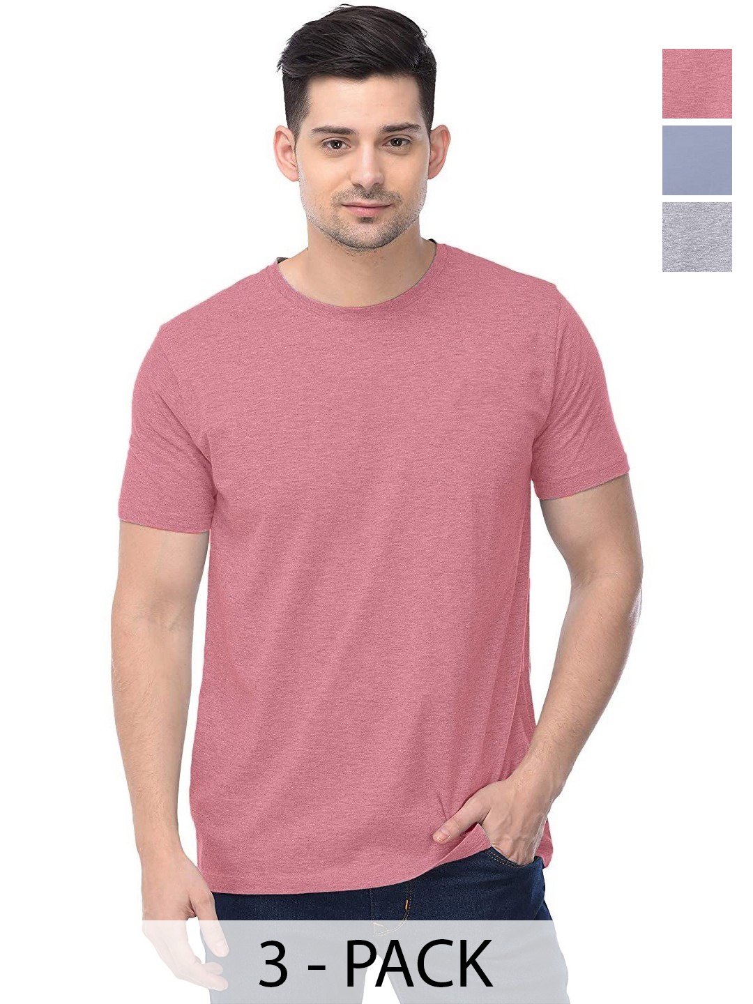 

COLOR CAPITAL Unisex Pack Of 3 Solid Round Neck Cotton T-shirts, Pink