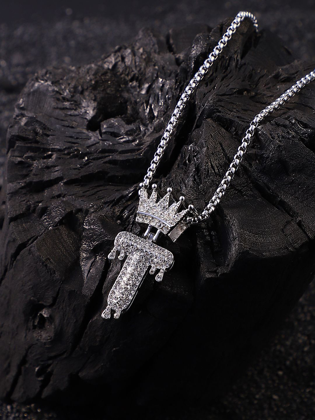

French Accent Men Silver-Plated Stone Studded Drip Alphabet T Pendant With Chain