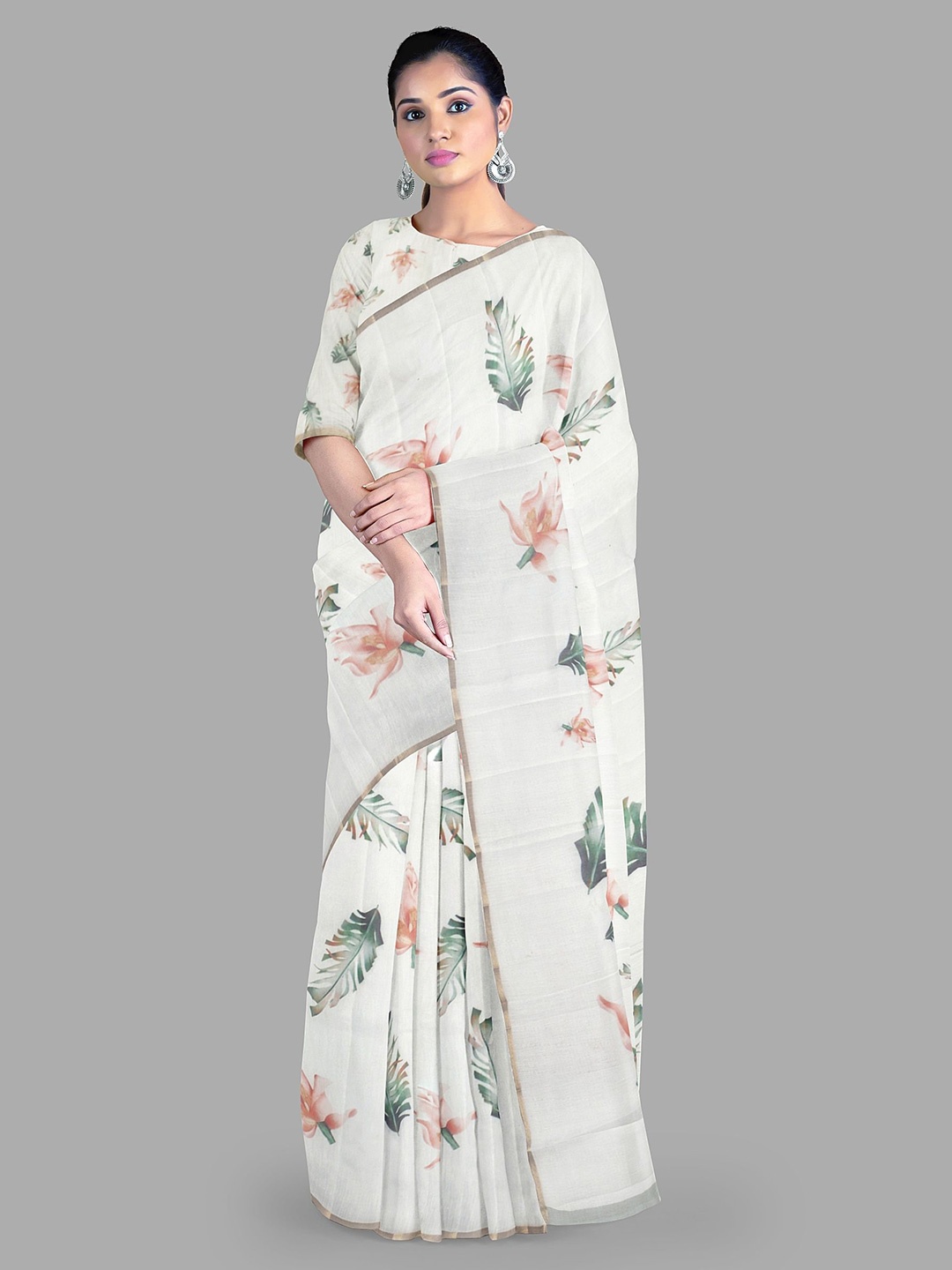 

The Chennai Silks Floral print Chanderi Saree with blouse piece, Off white