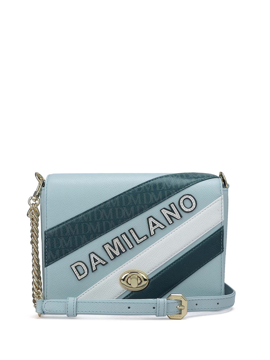 

Da Milano Textured Leather Structured Sling Bag with Cut Work, Blue