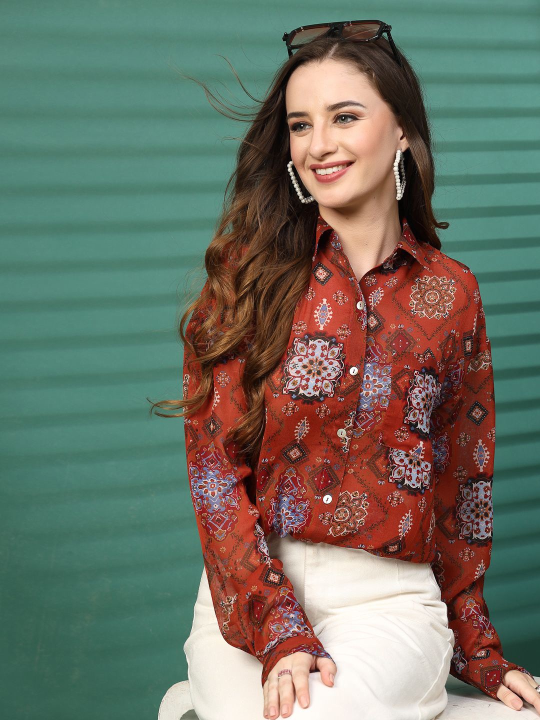 

EVERYDAY by ANI Women Original Spread Collar Abstract Printed Casual Shirt, Brown
