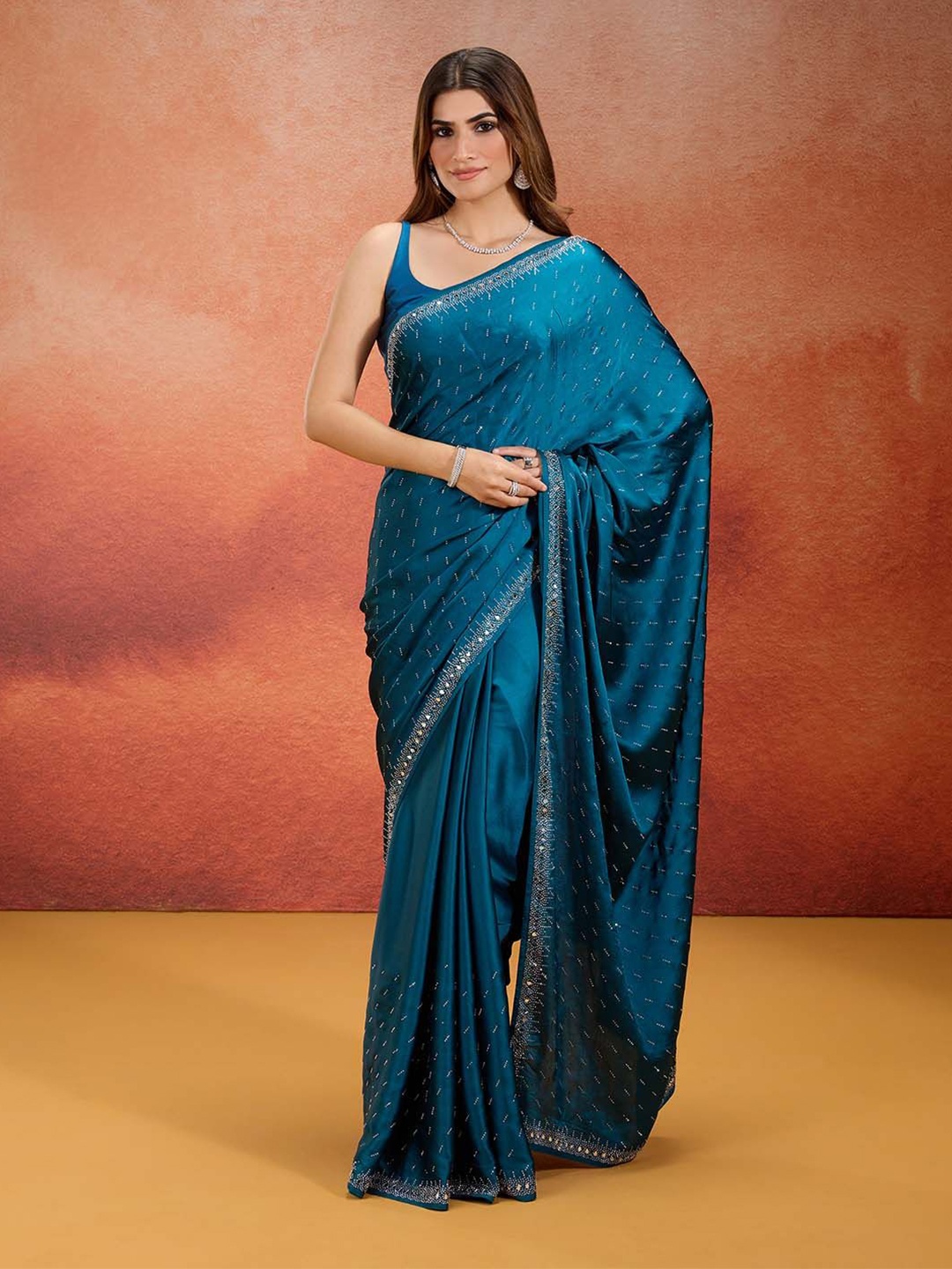 

Likha Beads and Stones Satin Saree, Teal