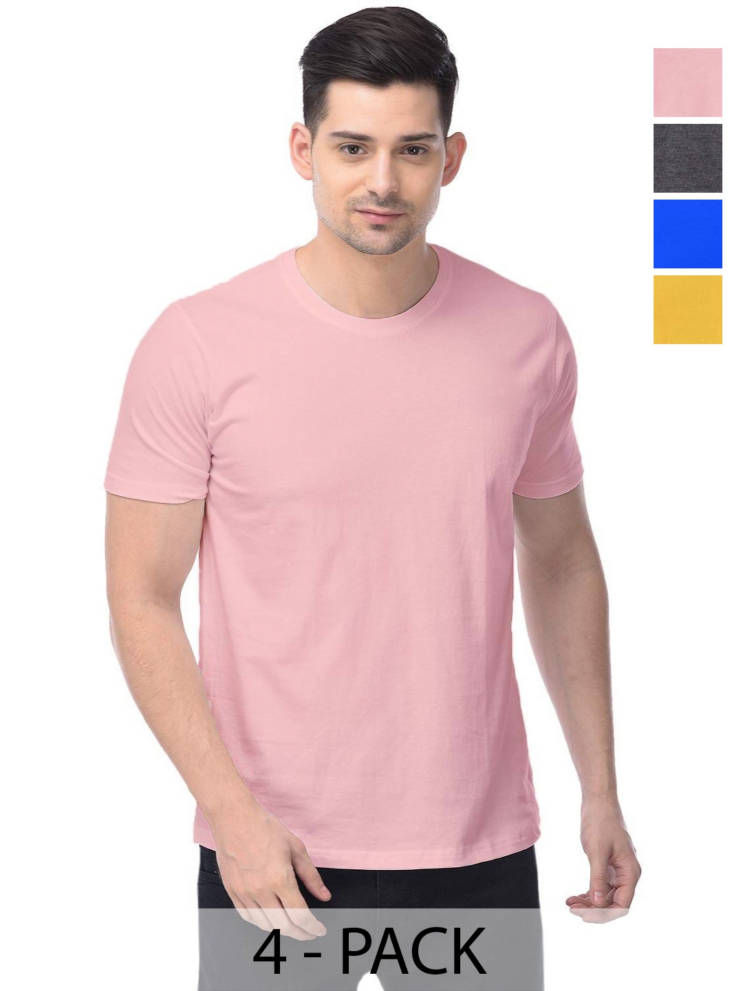 

COLOR CAPITAL Unisex Pack Of 4 Solid Round Neck Cotton T-shirts, Pink