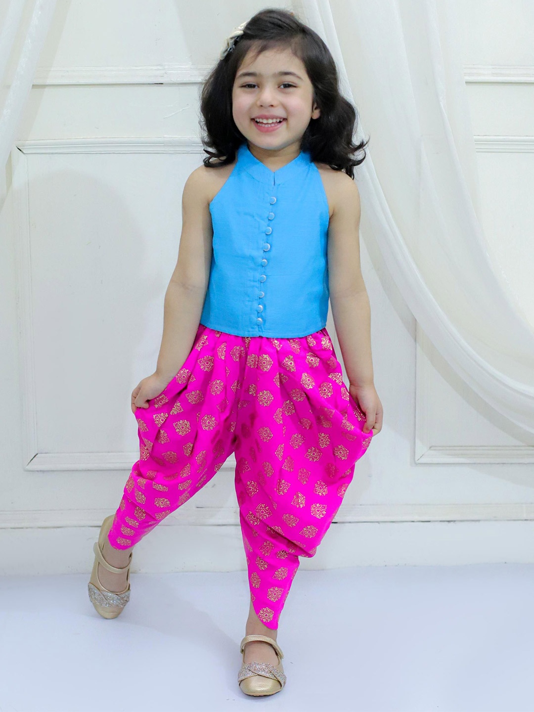 

Twisha Girls Mandarin Collar Top with Dhoti Pants, Blue