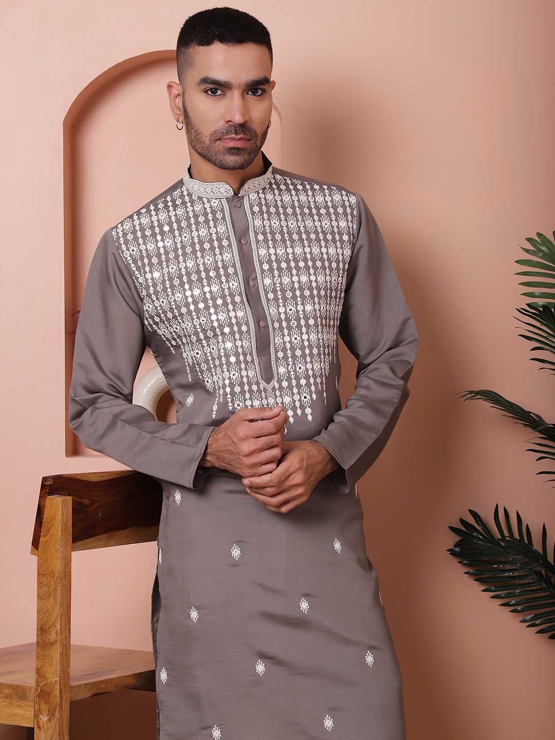 

Jompers Ethnic Motifs Embroidered Regular Mirror Work Kurta with Pyjamas, Grey