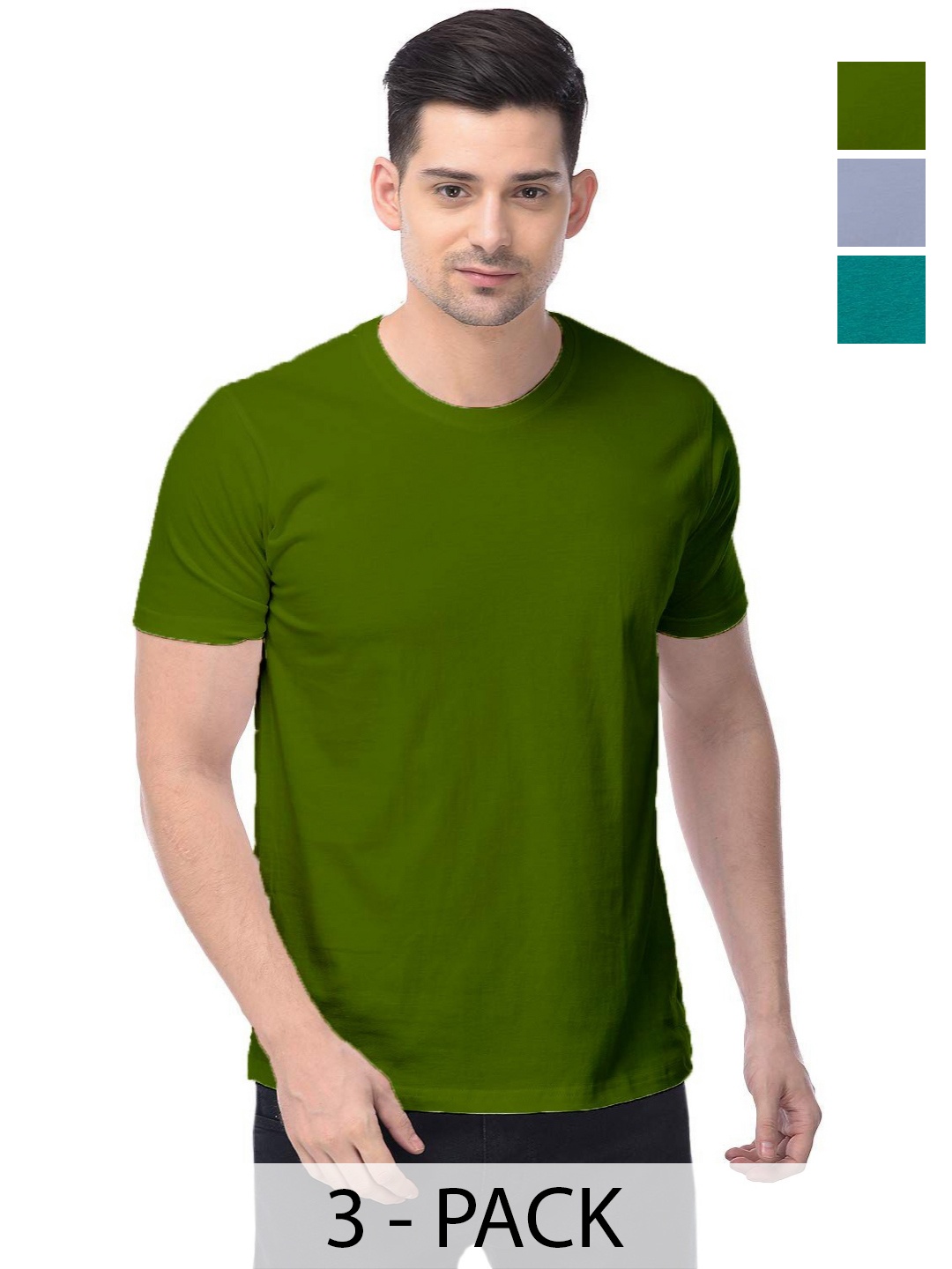 

COLOR CAPITAL Unisex Pack Of 3 Solid Round Neck Cotton T-shirts, Olive