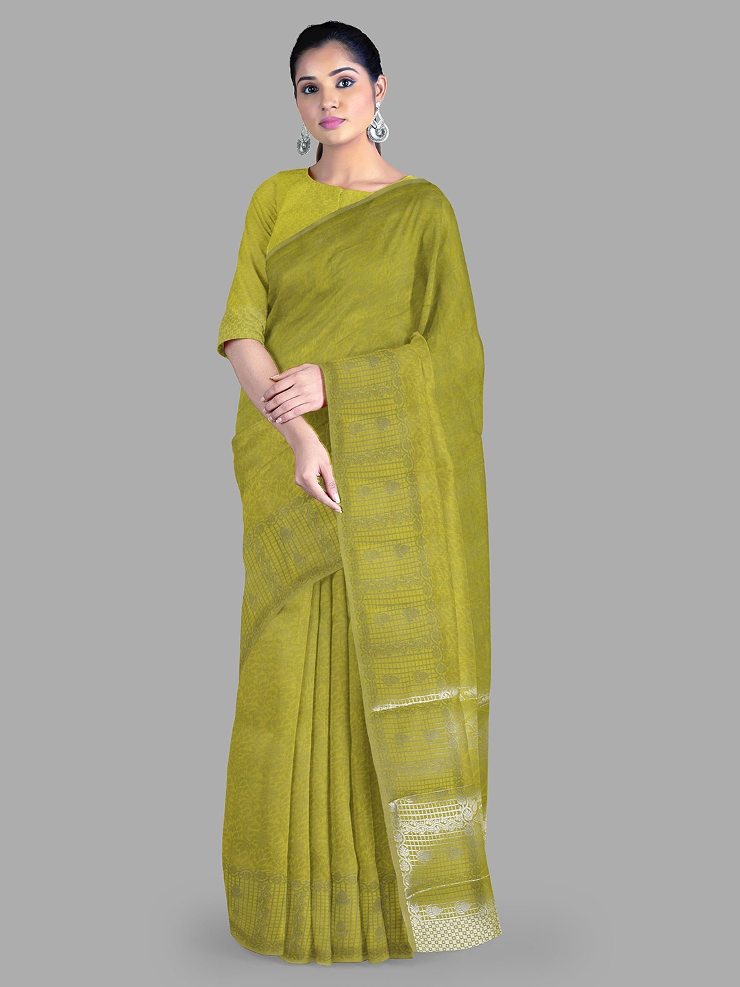

The Chennai Silks Ethnic Motifs Zari Bhagalpuri Saree, Olive