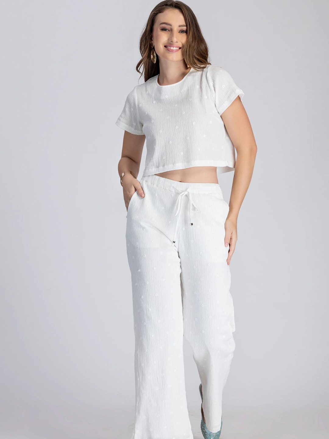 

DESIGNS BY QUEEN BEE Crinkle Pure Cotton Crop Top With Trouser, White