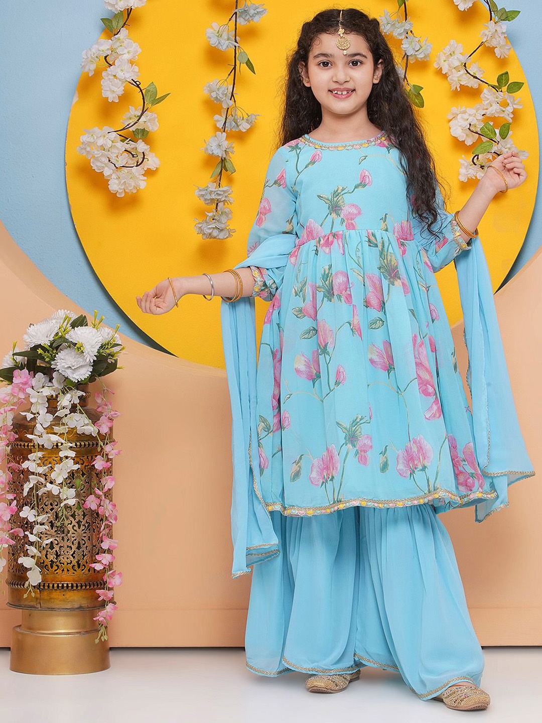 

Bitiya by Bhama Girls Floral Printed Regular Gotta Patti Kurta with Sharara & With Dupatta, Blue