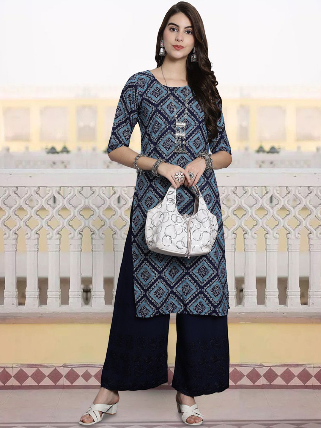 

7Threads Ethnic Motifs Printed Round Neck Straight Kurta, Navy blue