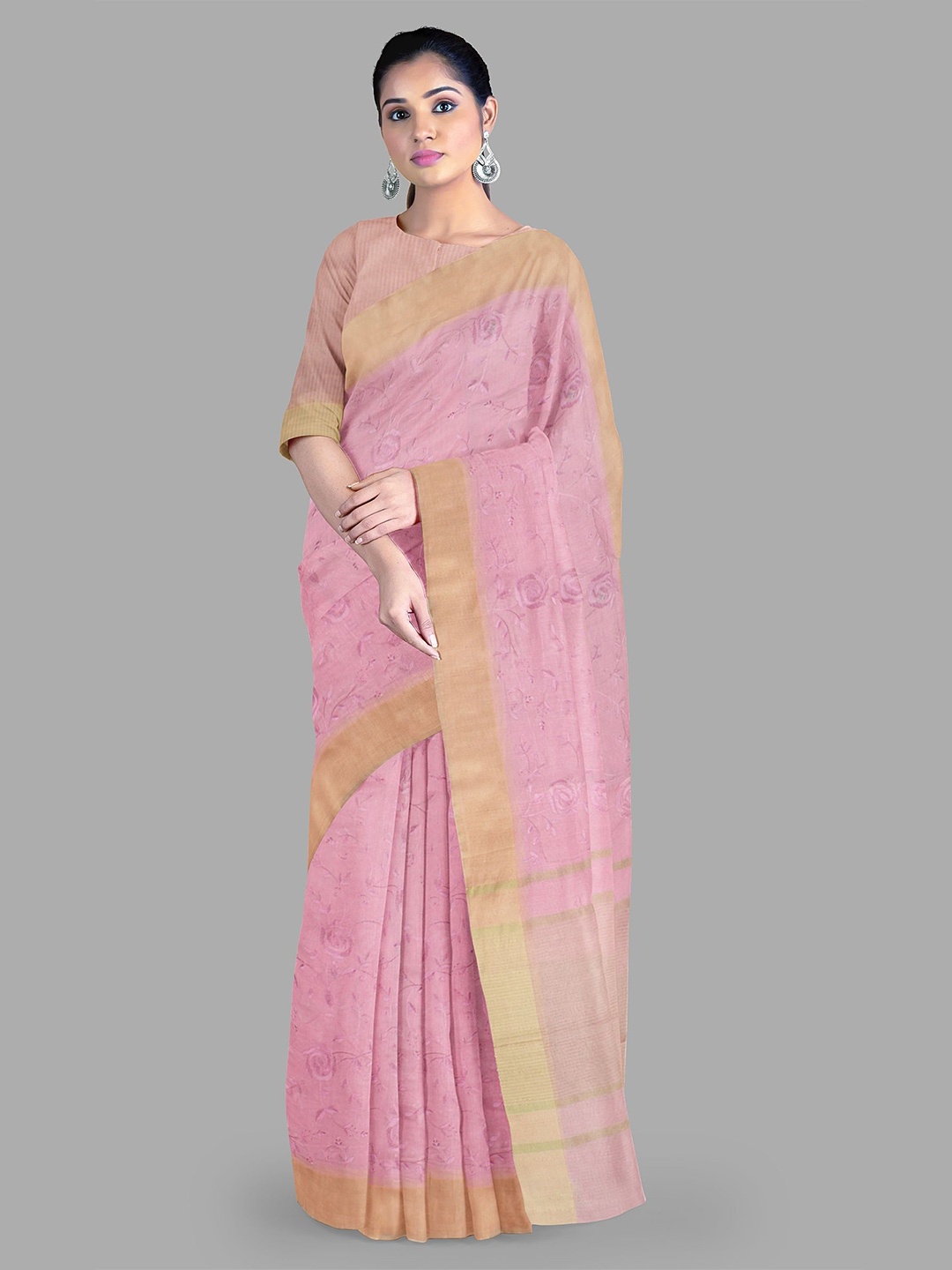 

The Chennai Silks Floral Embroidered Gadwal Saree, Pink