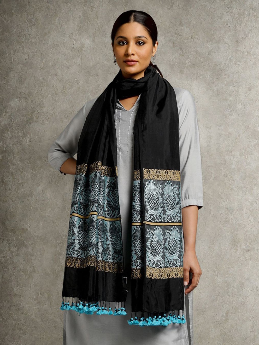 

ArtEastri Baluchari Silk Dupatta, Black