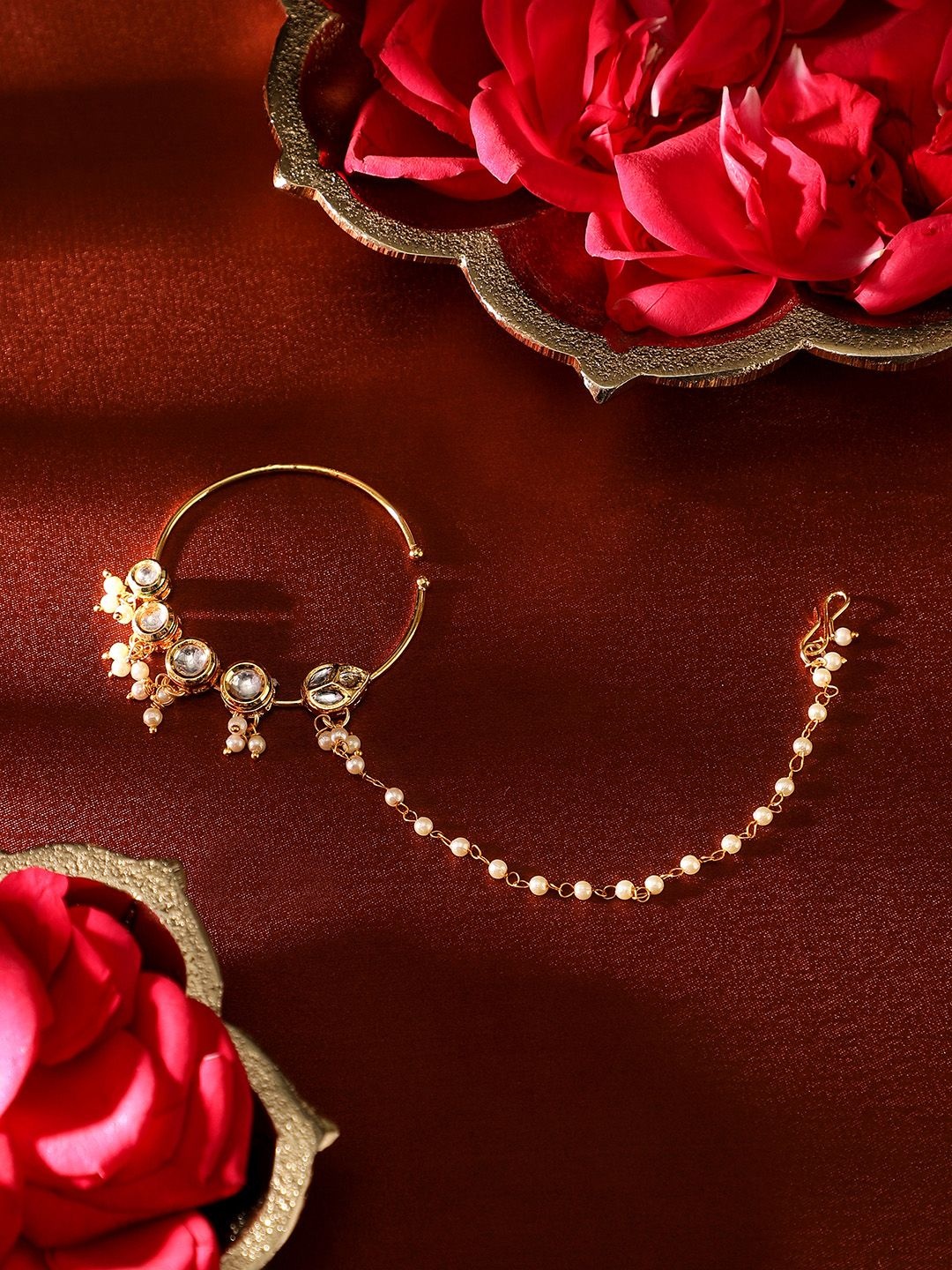 

Priyaasi Gold-Plated Kundan & Pearls Ring Nosepin