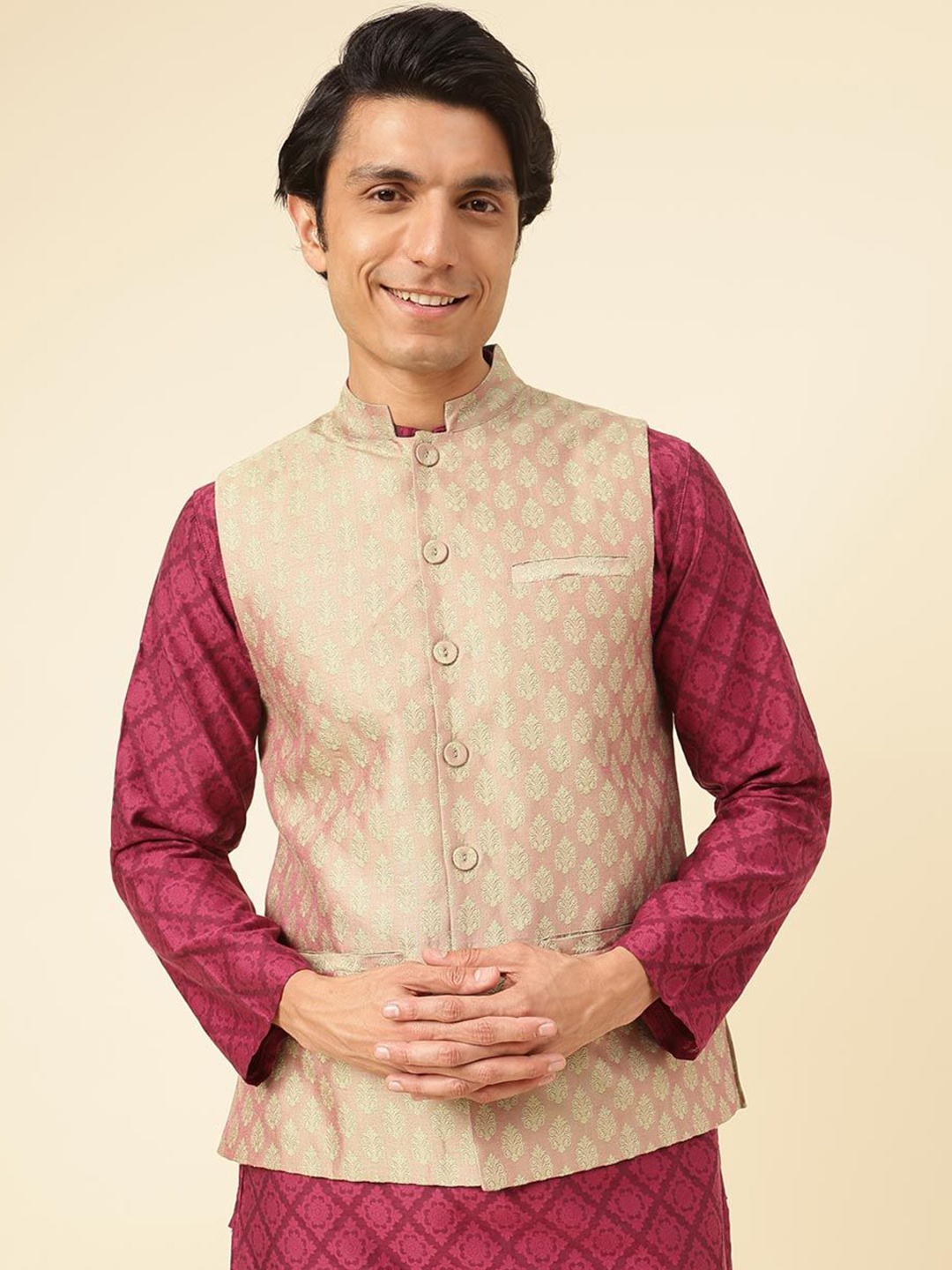 

Fabindia Woven Design Nehru Jacket, Green