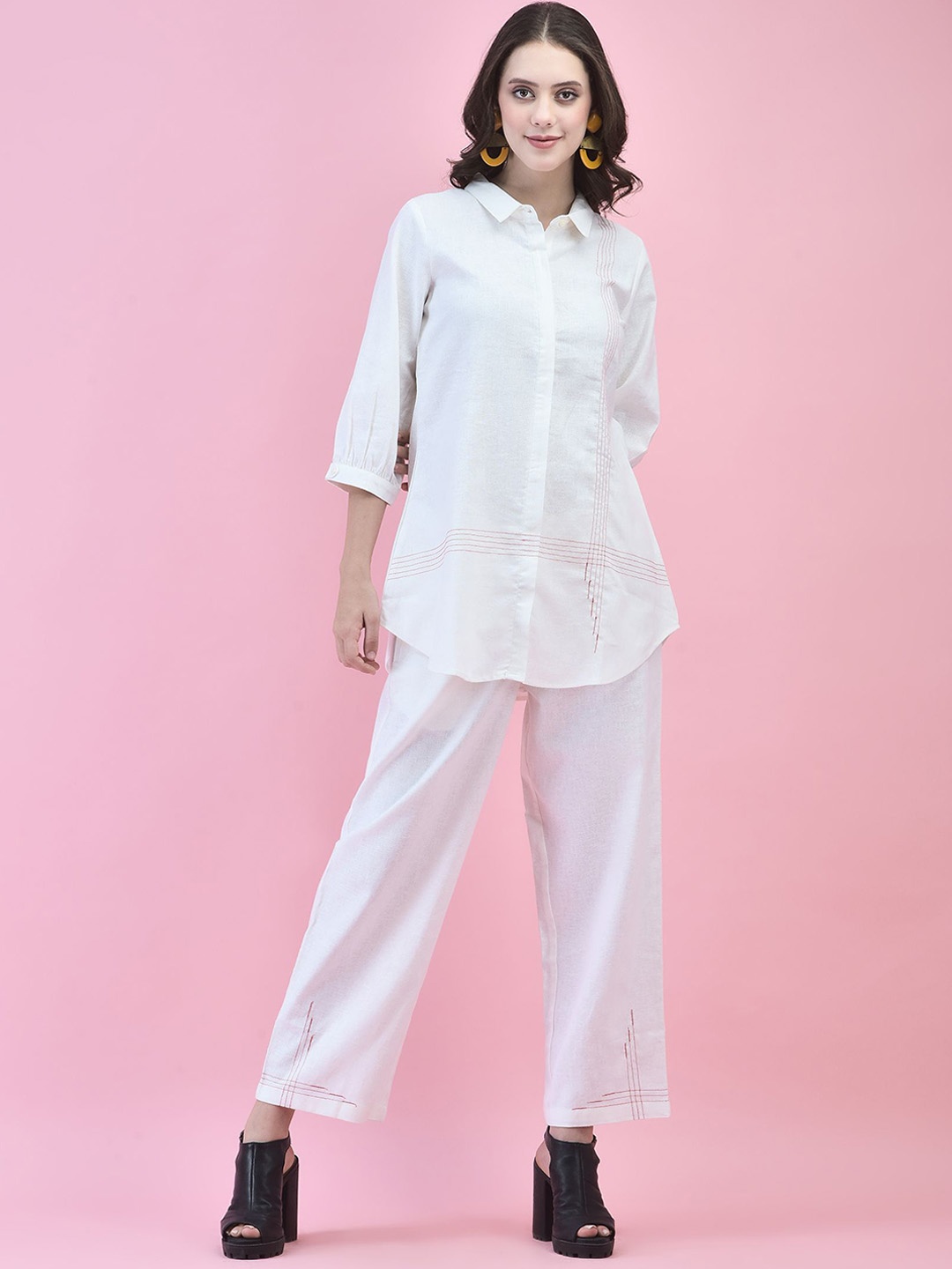 

Shree Shirt Collar Linen Tunic With Trouser, Off white