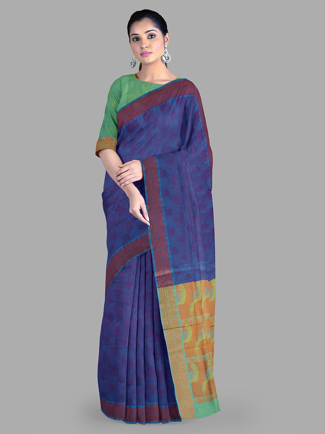 

The Chennai Silks Woven Design Zari Pure Cotton Chettinad Saree, Blue