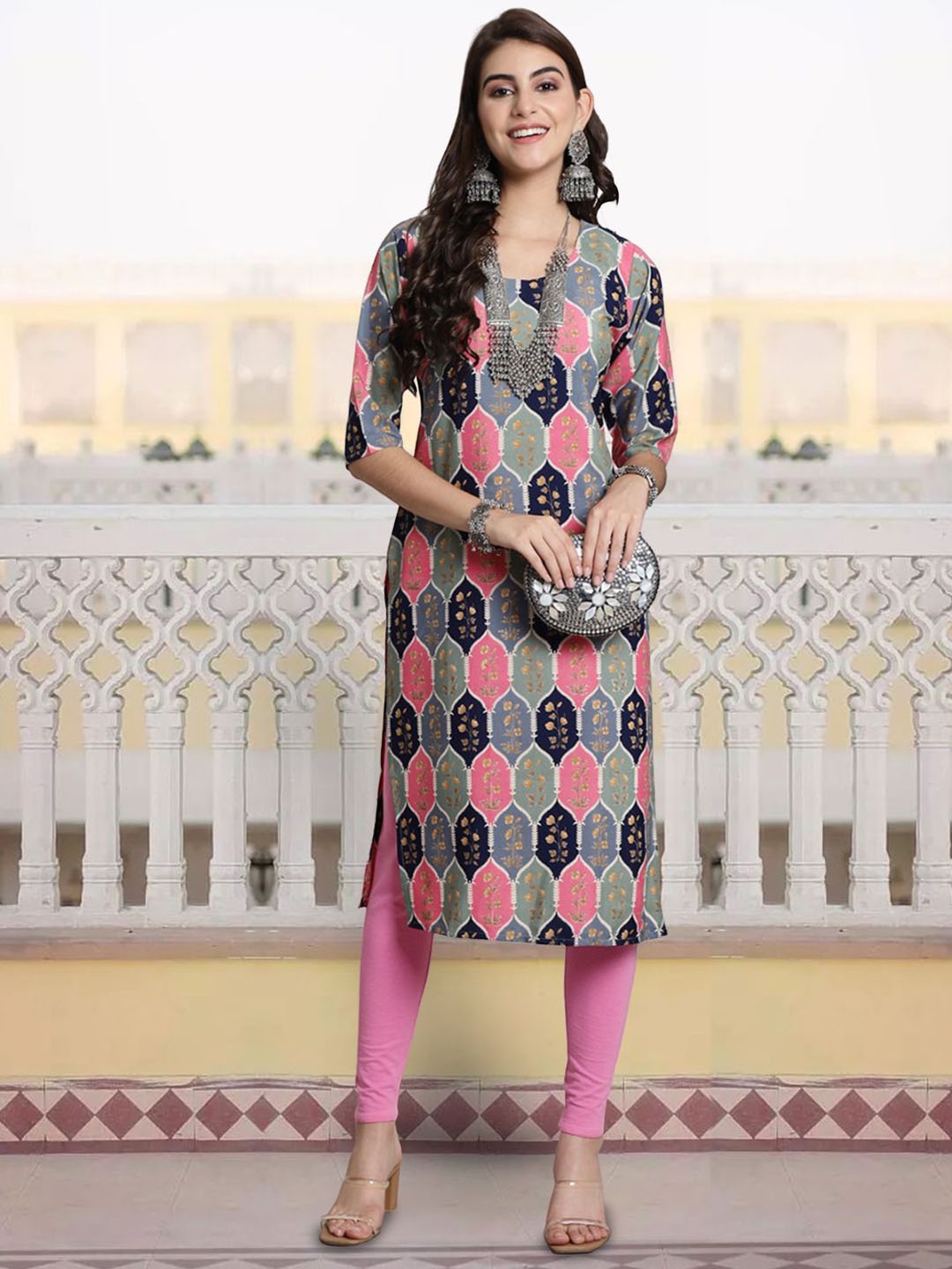 

7Threads Floral Printed Round Neck Straight Kurta, Grey