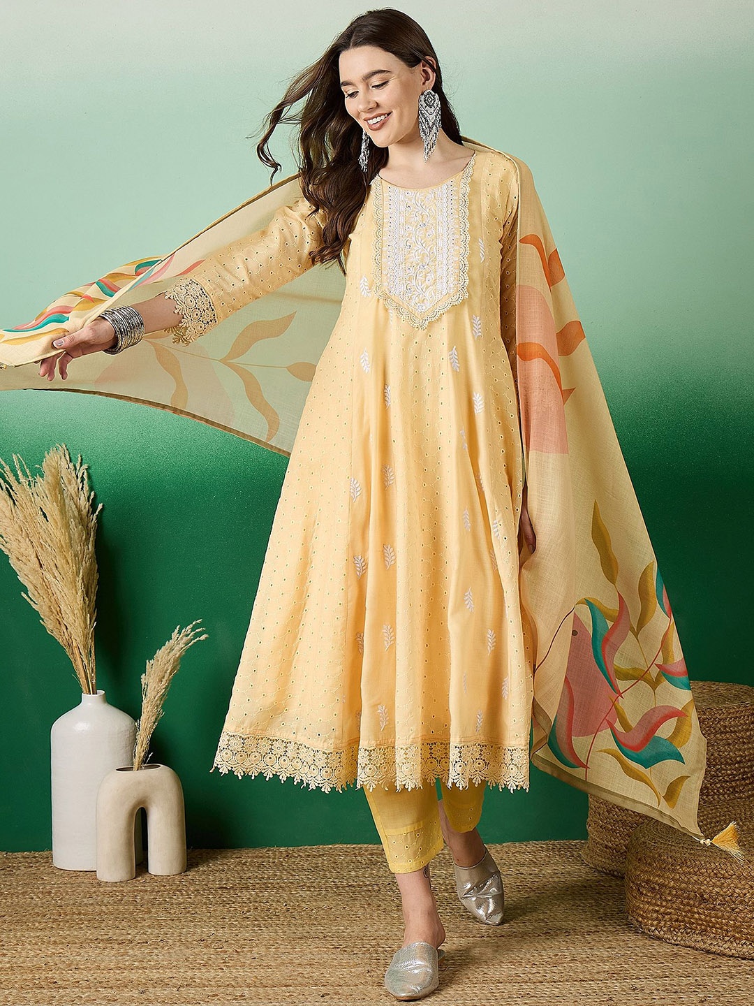 

Sangria Embroidered Pure Cotton Kurta Set With Dupatta, Yellow