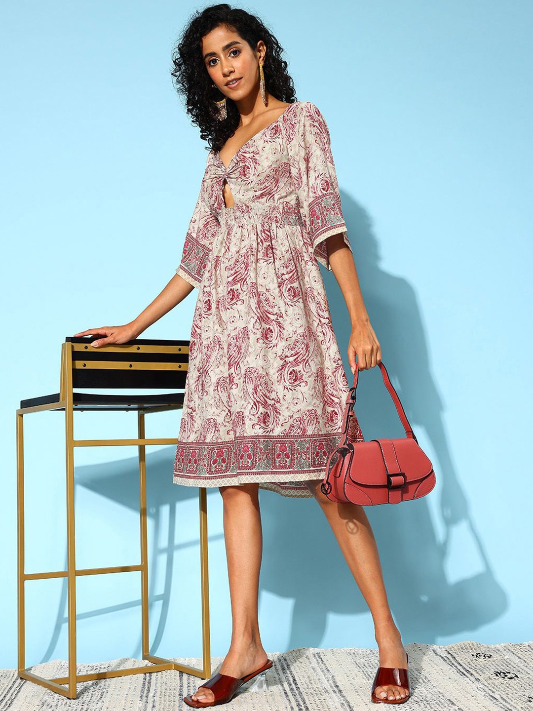 

Indo Era Ethnic Motifs Cut Out Fit & Flare Dress, Beige