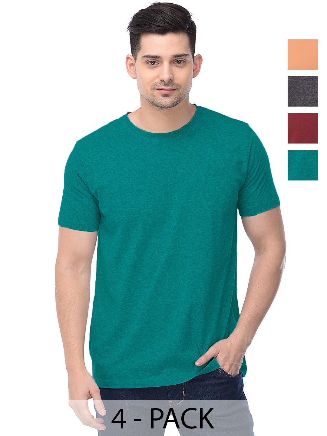 

COLOR CAPITAL Unisex Pack Of 4 Solid Round Neck Cotton T-shirts, Green