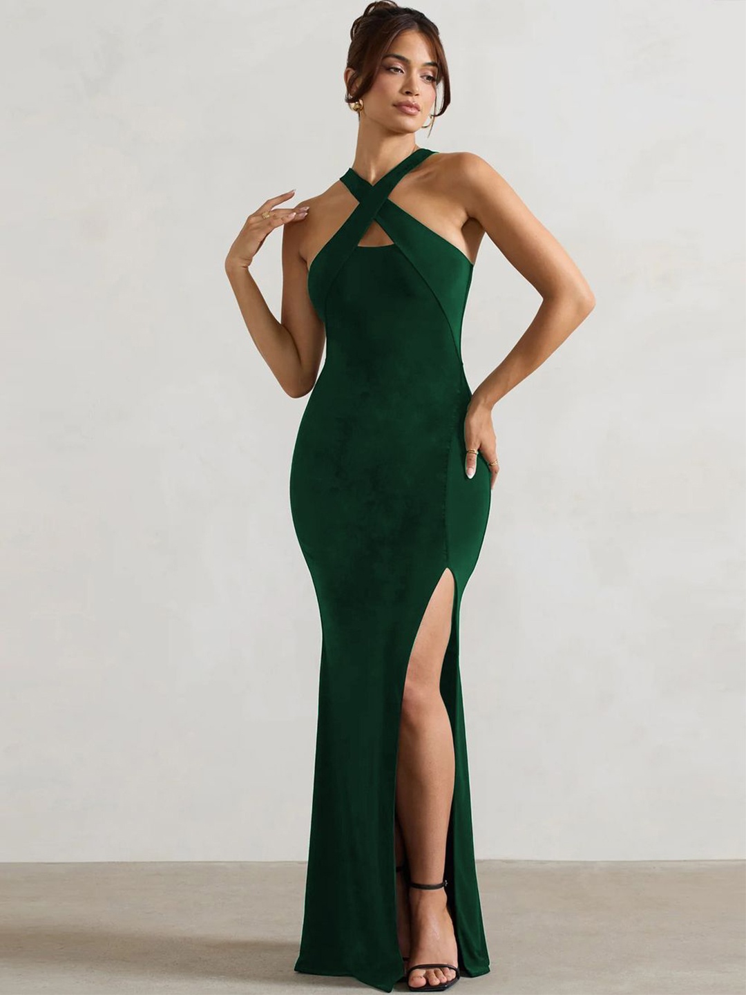 

CLAFOUTIS Cross neck Sheath Maxi Dress, Green