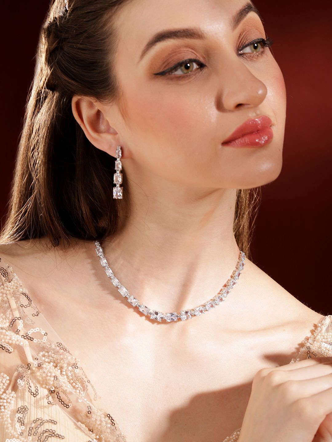 

Priyaasi Silver-Plated American Diamond Studded Jewellery Set